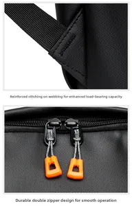 Detail of durable dual metal zippers with orange pulls and reinforced stitching on black backpack