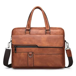 Sacoche business classique en cuir marron pour homme avec bandoulière et poignées de transport