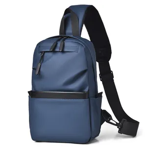 Waterproof navy blue chest bag with matte finish and adjustable black shoulder strap