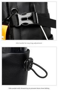 Detail of adjustable side buckles and elastic drawstring pocket on the black backpack