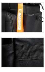 Detail of backpack luggage strap with reinforced stitching and orange fashion webbing