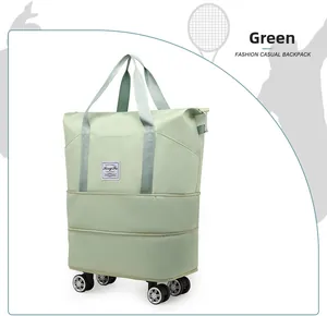 Detail of mint green travel bag with swivel wheels and reinforced handles for yoga or gym