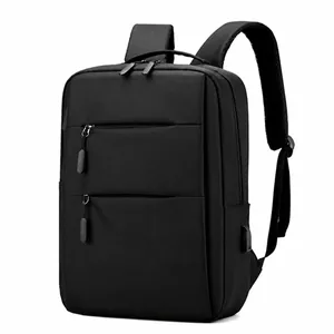 Professional black business laptop backpack with USB charging port and multiple zipper pockets