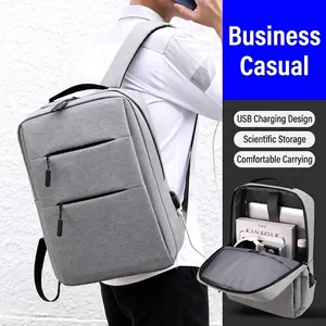 Grey business casual backpack with USB charging port and large capacity for laptop storage
