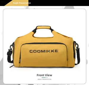 Vue frontale du sac de voyage jaune avec poignées noires et logo COOMIKKE pour fitness