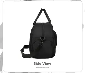 Side view of large black travel bag with adjustable strap and durable nylon finish
