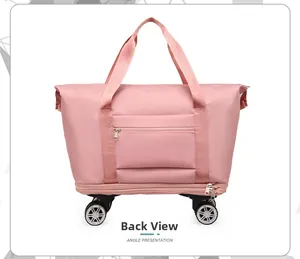 Rear view of pink travel bag with waterproof fabric and smooth rolling wheels