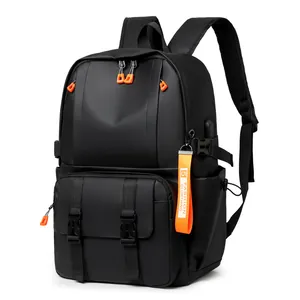 Large capacity black water-resistant travel backpack with vibrant orange zipper accents