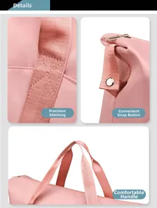 Detail view of pink travel bag with precision stitching, snap buttons and reinforced handles