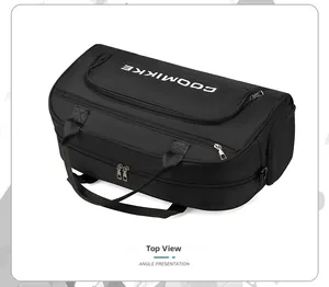 Top down view of black Oxford sports gym bag with shoe compartment and dual handles