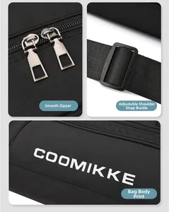 Detail of smooth metal zippers, adjustable shoulder buckle, and white printed logo on the bag