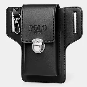 Black leather waist bag with lychee texture and belt loop for men, with key hook