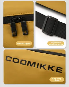 Détails du sac de voyage avec fermetures éclair fluides, bandoulière et logo imprimé