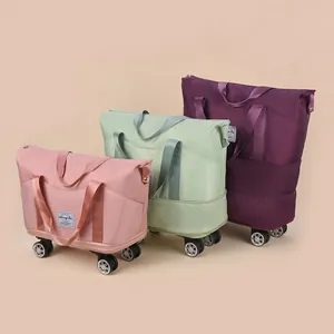 Sac de courses pliable multifonction à roulettes en rose, vert et violet en tissu Oxford