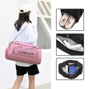 Pink multipurpose travel fitness bag with independent shoe compartment and dry-wet separation
