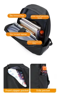 Detail view of large capacity black travel backpack showing 14 inch laptop compartment