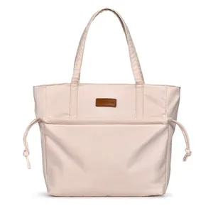 Minimalist soft pink tote bag with large capacity and romantic bear logo patch