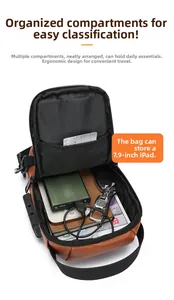 Innenansicht braune Brusttasche aus Leder mit USB-Port und Fach für 7,9 Zoll iPad