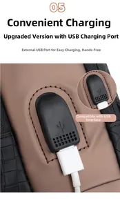 Detailansicht des USB-Ladeanschlusses an der braunen PU-Leder-Diebstahlschutz-Umhängetasche