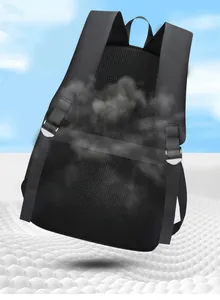 Detail of breathable honeycomb mesh back panel and luggage strap on black backpack