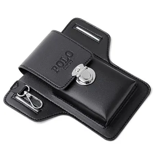 Detail view of black lychee grain leather phone holster with belt loop and metal hook