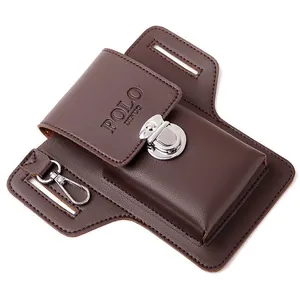 Detail view of brown leather phone holster with metal buckle and belt loop attachment