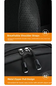 Detail of breathable honeycomb mesh straps and smooth metal double zippers on black backpack
