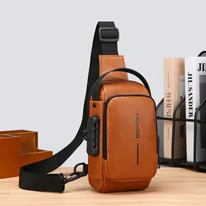 Men PU Leather Chest Bag With Anti-theft Combination Lock And External USB Port Casual Crossbody Sling Bag For Daily Travel