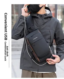 Detail of men's anti-theft sling bag featuring a USB charging port and security lock