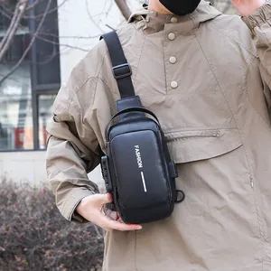 Black anti-theft sling bag for men with USB port and stylish FASHION print detail