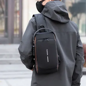 Waterproof black men's chest bag with USB charging port and anti-theft combination lock