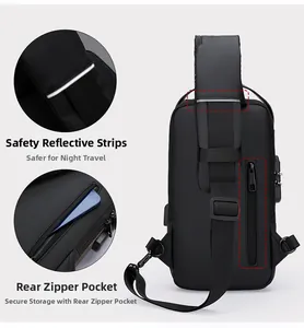 Detail of safety reflective strip and anti-theft rear zipper pocket on black chest bag