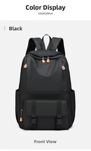 Vorderansicht schwarzer Business-Rucksack mit orangen Reißverschlüssen und Schnallen