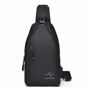 Waterproof black crossbody chest bag with USB charging port for outdoor travel