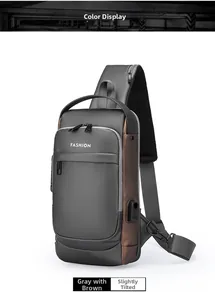 Detail view of anti-theft sling bag with USB port and gray faux leather texture