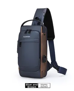 Detail of waterproof crossbody bag showing USB charging port and breathable mesh strap