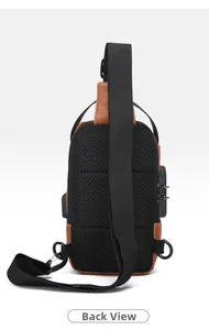 Rückansicht der braunen PU-Leder Brusttasche mit atmungsaktivem Netzfutter und Schloss