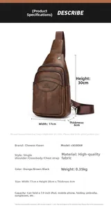 Detailed view of brown PU leather chest bag showing capacity for 7.9 inch iPad and items