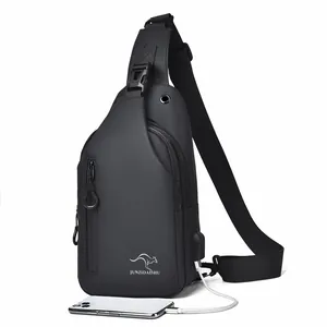 Waterproof black crossbody chest bag with USB charging port for men, minimalist design