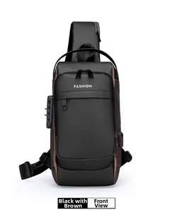 Front view of black and brown crossbody bag with anti-theft lock and USB port