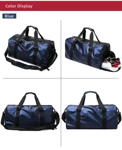 Vista dettagliata della borsa fitness blu impermeabile con scomparto laterale per le scarpe