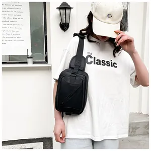 Detail of waterproof black nylon crossbody bag with functional diagonal zipper pocket