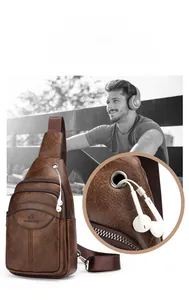 Brown vintage chest bag detail featuring a functional metal headphone jack on the side