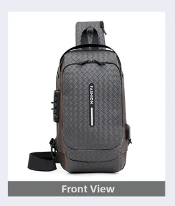 Vorderansicht der Anti-Diebstahl-Brusttasche mit USB-Port und gewebter Textur