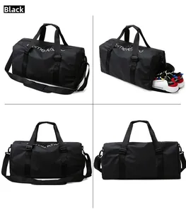 Dettaglio della borsa da viaggio nera con scomparto per scarpe e diverse angolazioni