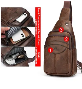 Detail of vintage brown chest bag showing three-layer storage for phone and accessories