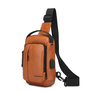 Sacoche bandoulière en cuir marron pour homme avec port USB et serrure antivol