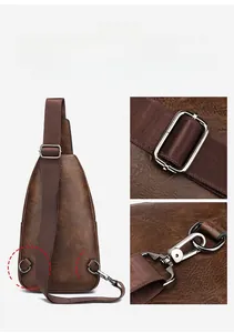 Detail of adjustable strap and D-buckle on a vintage brown leather men's chest bag