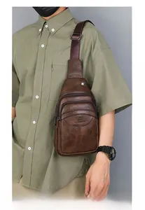Brown leather sling bag for men showing three carrying ways: shoulder, chest, and back