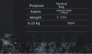 Detalles del bolso táctico: tejido Oxford, peso de 0.22kg, dimensiones 23x3x14cm